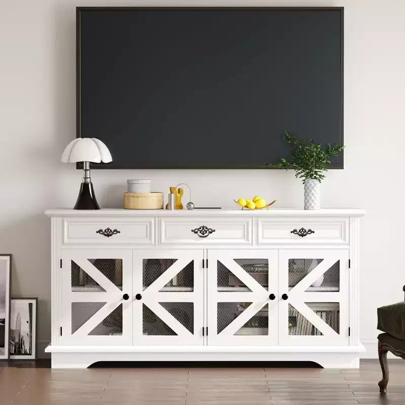 70 Mobile Credenza, Mobile Buffet Bar Caffè in Legno con 3 Cassetti e 4 Ante a Rete Scorrevole, Tavolo Consolle da Ingresso, Mobile Armadio a Pavimento per Cucina