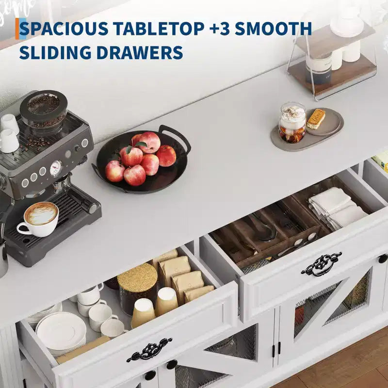70 Mobile Credenza, Mobile Buffet Bar Caffè in Legno con 3 Cassetti e 4 Ante a Rete Scorrevole, Tavolo Consolle da Ingresso, Mobile Armadio a Pavimento per Cucina
