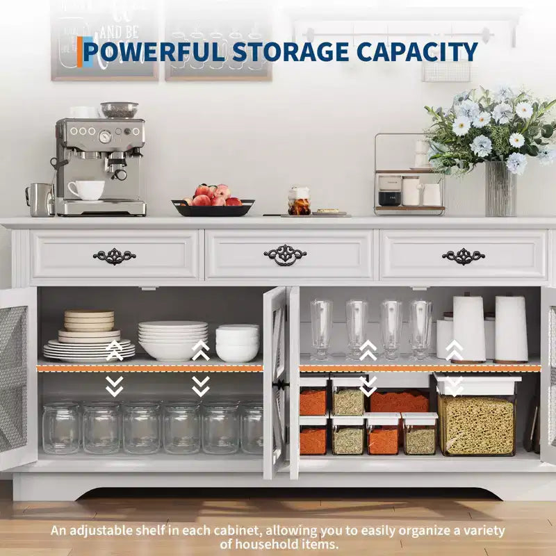 70 Mobile Credenza, Mobile Buffet Bar Caffè in Legno con 3 Cassetti e 4 Ante a Rete Scorrevole, Tavolo Consolle da Ingresso, Mobile Armadio a Pavimento per Cucina