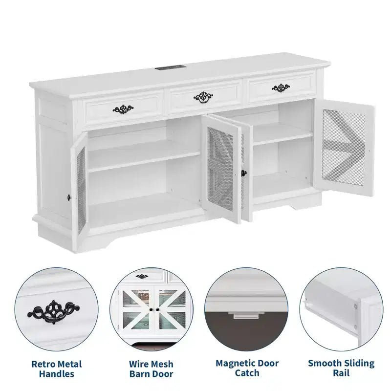 70 Mobile Credenza, Mobile Buffet Bar Caffè in Legno con 3 Cassetti e 4 Ante a Rete Scorrevole, Tavolo Consolle da Ingresso, Mobile Armadio a Pavimento per Cucina