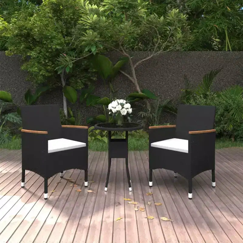 vidaXL Set da pranzo da giardino 3 pezzi - Polyrattan - Nero - Tavolo da esterno/giardino e 2 sedie con cuscini, piano del tavolo in vetro temperato