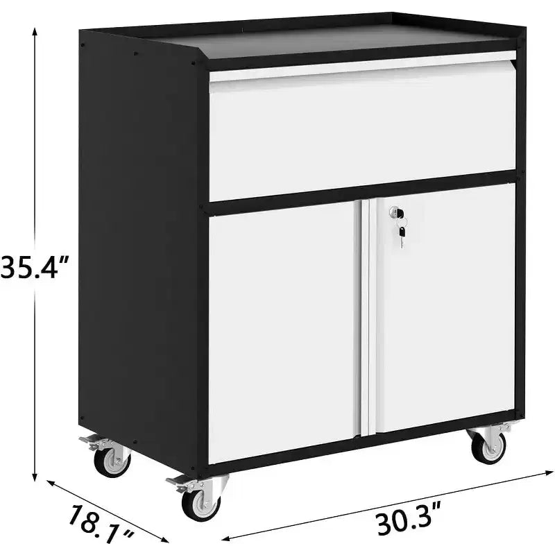 Acekool Mobile Armadietto da Garage, Armadietto Portautensili in Metallo con Cassetto, Ripiano Regolabile, Ante con Serratura e 4 Ruote, Carrello Portautensili per Officina e Ufficio