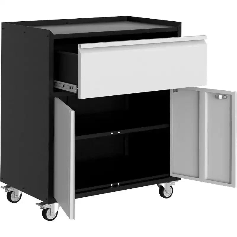 Acekool Mobile Armadietto da Garage, Armadietto Portautensili in Metallo con Cassetto, Ripiano Regolabile, Ante con Serratura e 4 Ruote, Carrello Portautensili per Officina e Ufficio