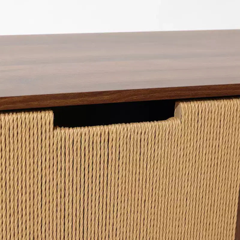 LuxenHome Buffet en noyer de 34 po avec rangement, meuble d'appoint à 2 tiroirs en corde tressée de jonc de mer style bohème avec porte, marron