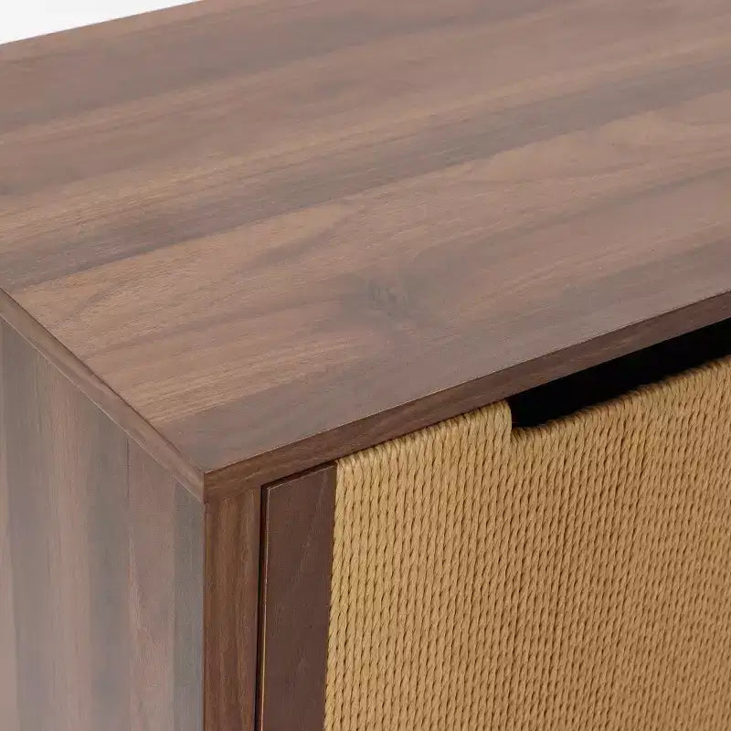 LuxenHome Buffet en noyer de 34 po avec rangement, meuble d'appoint à 2 tiroirs en corde tressée de jonc de mer style bohème avec porte, marron
