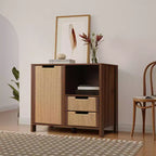 LuxenHome Buffet en noyer de 34 po avec rangement, meuble d'appoint à 2 tiroirs en corde tressée de jonc de mer style bohème avec porte, marron