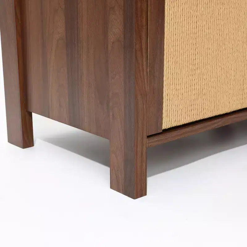 LuxenHome Buffet en noyer de 34 po avec rangement, meuble d'appoint à 2 tiroirs en corde tressée de jonc de mer style bohème avec porte, marron