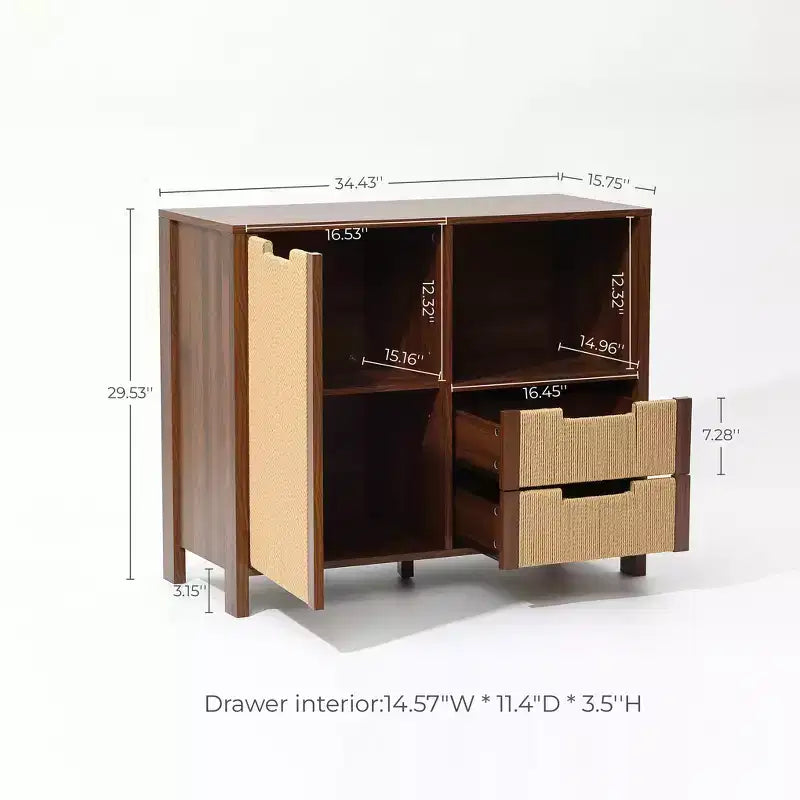 LuxenHome Buffet en noyer de 34 po avec rangement, meuble d'appoint à 2 tiroirs en corde tressée de jonc de mer style bohème avec porte, marron