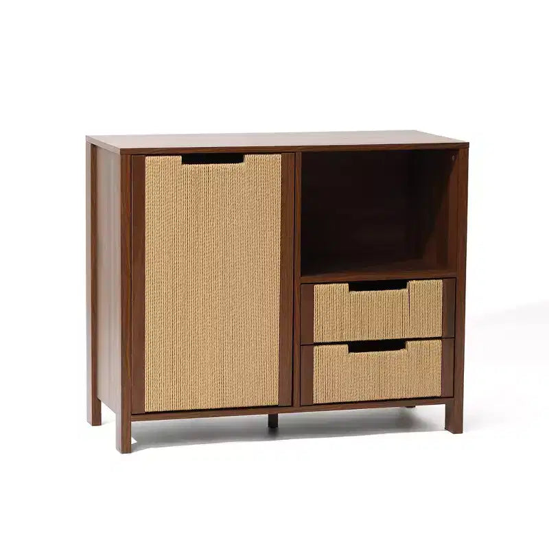 LuxenHome Buffet en noyer de 34 po avec rangement, meuble d'appoint à 2 tiroirs en corde tressée de jonc de mer style bohème avec porte, marron