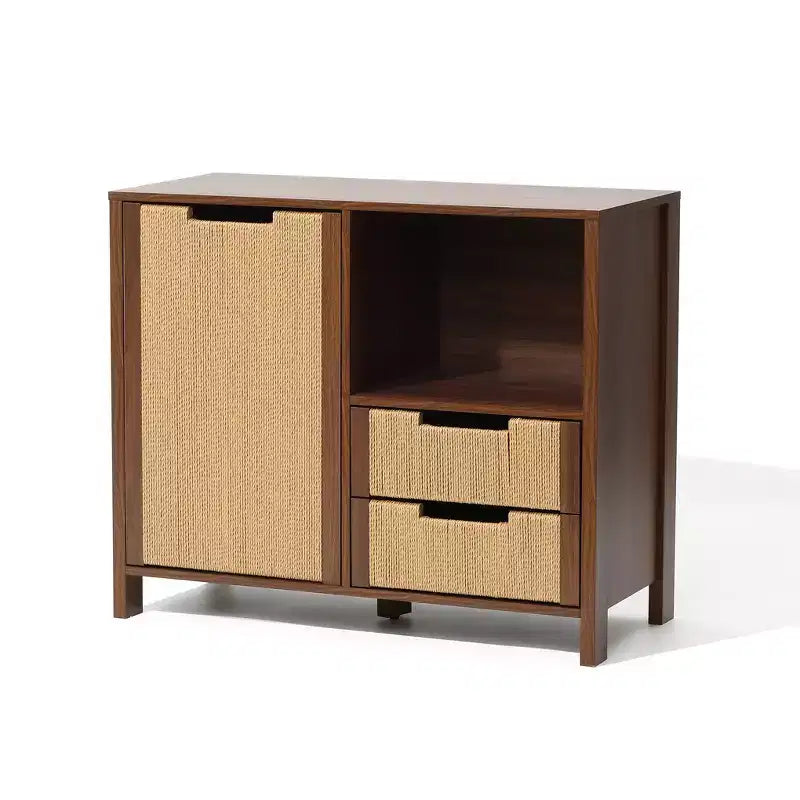 LuxenHome Buffet en noyer de 34 po avec rangement, meuble d'appoint à 2 tiroirs en corde tressée de jonc de mer style bohème avec porte, marron