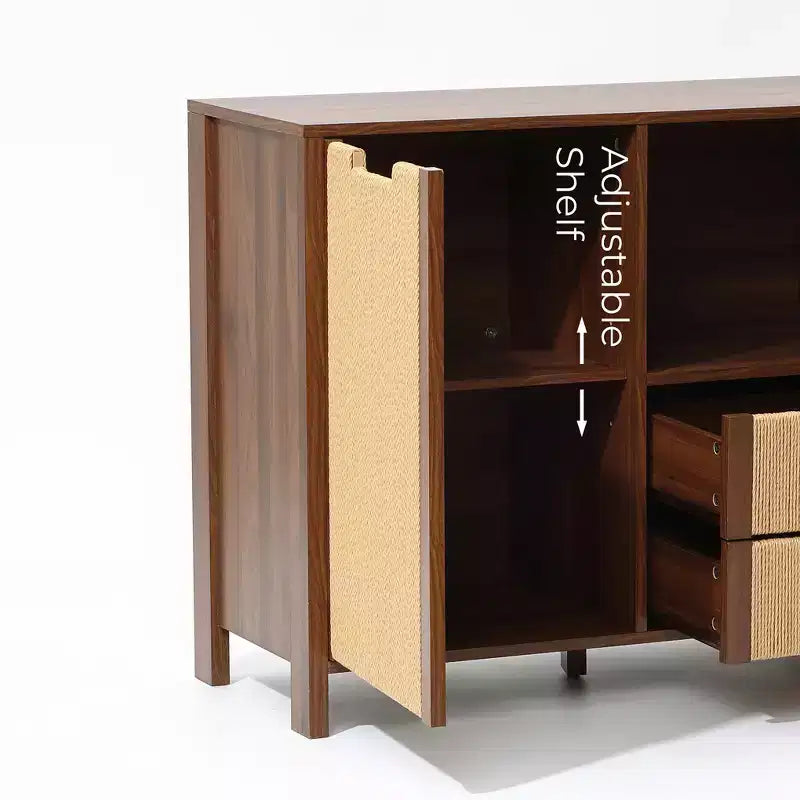 LuxenHome Buffet en noyer de 34 po avec rangement, meuble d'appoint à 2 tiroirs en corde tressée de jonc de mer style bohème avec porte, marron