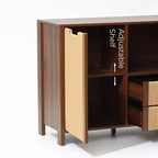 LuxenHome Buffet en noyer de 34 po avec rangement, meuble d'appoint à 2 tiroirs en corde tressée de jonc de mer style bohème avec porte, marron