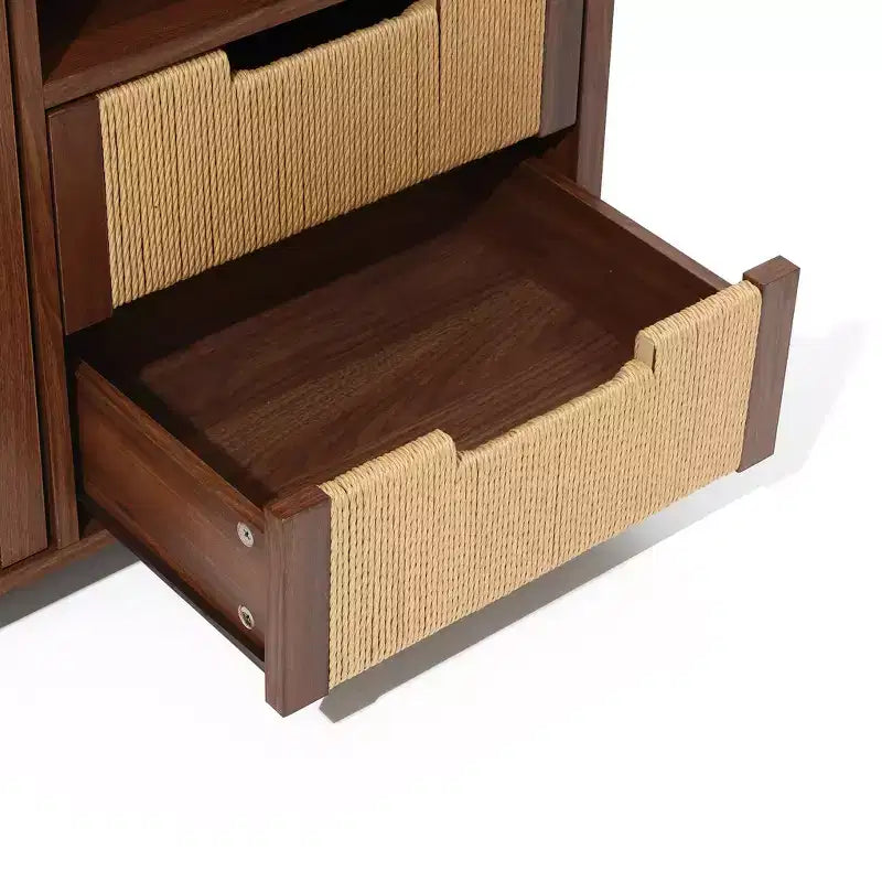 LuxenHome Buffet en noyer de 34 po avec rangement, meuble d'appoint à 2 tiroirs en corde tressée de jonc de mer style bohème avec porte, marron