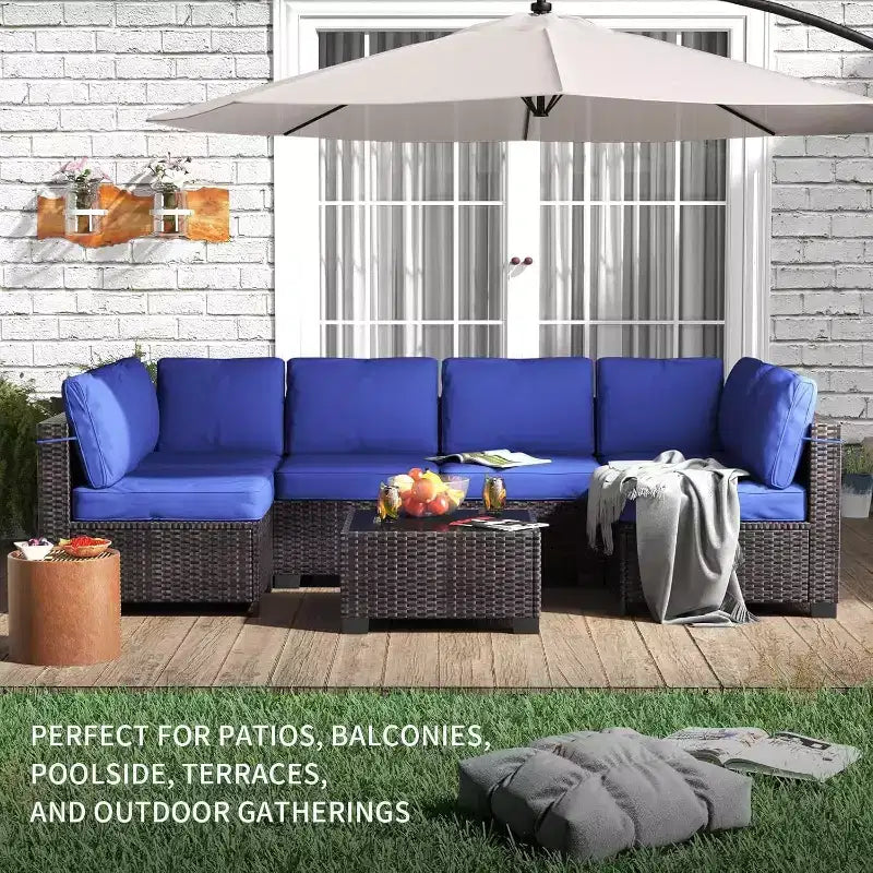 Ensemble de patio 7 pièces avec table à manger, canapé sectionnel modulaire, osier tout temps