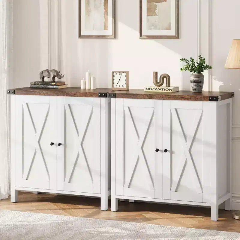 2-Pack Farmhouse Storage Cabinet with 2 Doors & Adjustable Shelves, Sideboard Buffet for Living Room, Dining Room Entryway, White+Brown