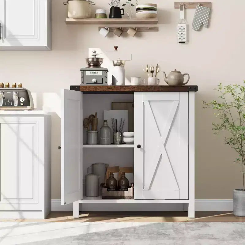 Mobiletto contenitore in stile rustico, confezione da 2, con 2 ante e ripiani regolabili, credenza/buffet per soggiorno, sala da pranzo, ingresso, Bianco+Marrone