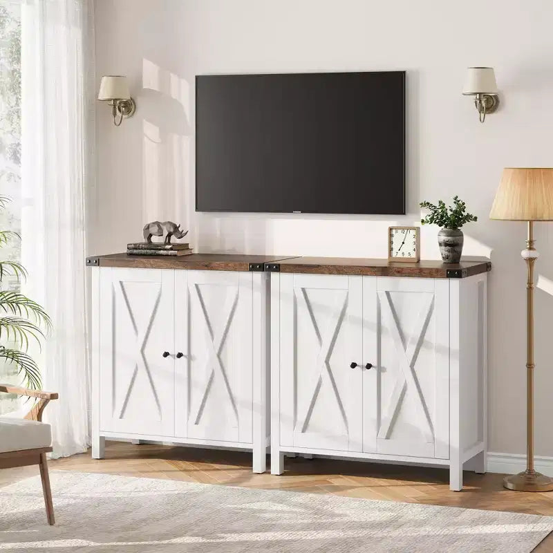 Mobiletto contenitore in stile rustico, confezione da 2, con 2 ante e ripiani regolabili, credenza/buffet per soggiorno, sala da pranzo, ingresso, Bianco+Marrone