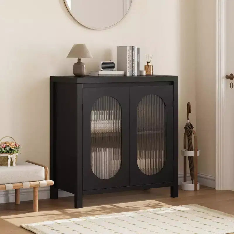 Coolmee Buffet de Rangement pour Salon et Salle à Manger - Meuble d'Appoint Noir avec Étagères Réglables et Portes en Verre, Petite Console de Rangement