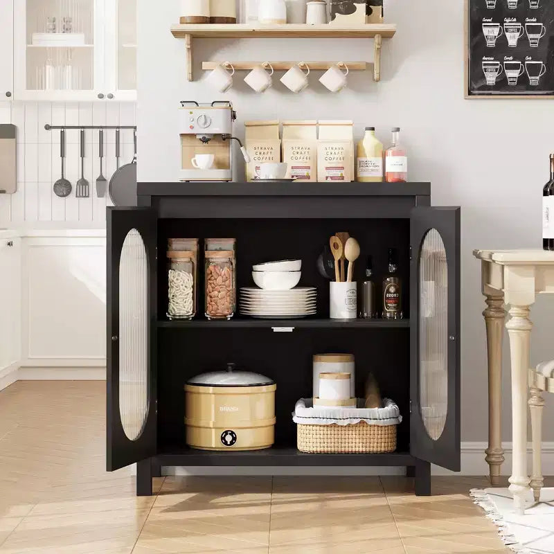 Coolmee Buffet de Rangement pour Salon et Salle à Manger - Meuble d'Appoint Noir avec Étagères Réglables et Portes en Verre, Petite Console de Rangement