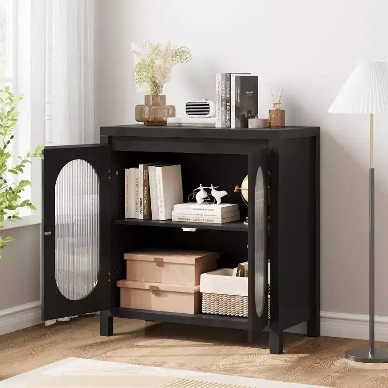 Coolmee Buffet de Rangement pour Salon et Salle à Manger - Meuble d'Appoint Noir avec Étagères Réglables et Portes en Verre, Petite Console de Rangement