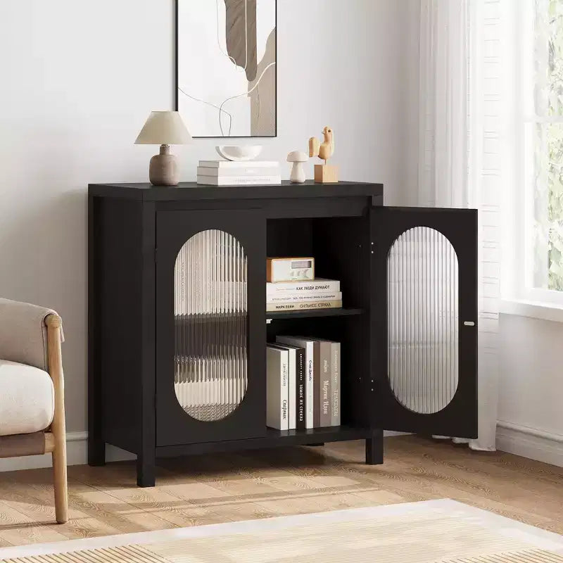 Coolmee Buffet de Rangement pour Salon et Salle à Manger - Meuble d'Appoint Noir avec Étagères Réglables et Portes en Verre, Petite Console de Rangement