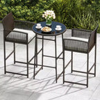 Costway Ensemble de Bar de Jardin 3 Pièces en Rotin avec 2 Coussins de Siège et Plateau en Verre pour Cour Arrière