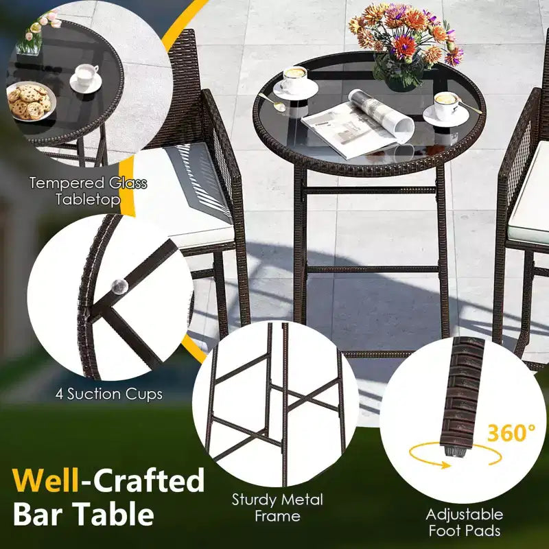 Costway Ensemble de Bar de Jardin 3 Pièces en Rotin avec 2 Coussins de Siège et Plateau en Verre pour Cour Arrière