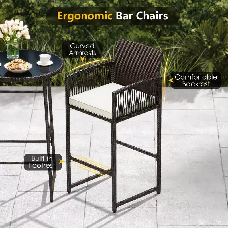 Costway Ensemble de Bar de Jardin 3 Pièces en Rotin avec 2 Coussins de Siège et Plateau en Verre pour Cour Arrière