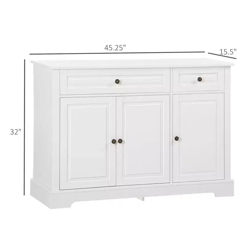 Okak Mobile Credenza, Mobile Buffet con 2 Cassetti e Ripiani Regolabili, Mobile Contenitore per Ingresso, Soggiorno, Cucina, Bianco
