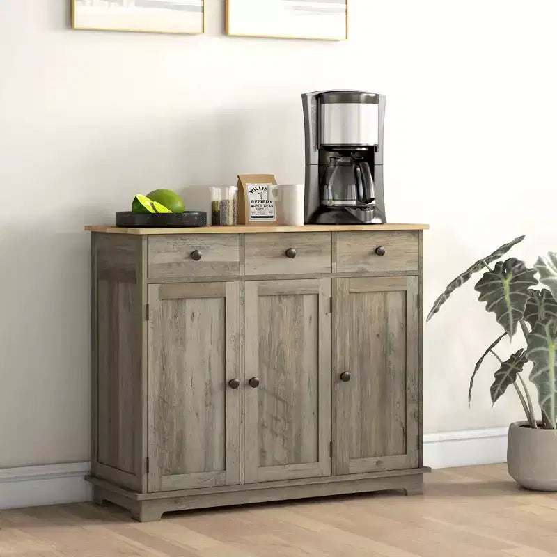 Credenza Okak con piano in legno massello, Mobile contenitore con ripiano regolabile, Mobile bar per ingresso, soggiorno, cucina, Grigio