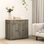 Credenza Okak con piano in legno massello, Mobile contenitore con ripiano regolabile, Mobile bar per ingresso, soggiorno, cucina, Grigio