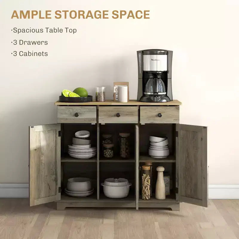 Credenza Okak con piano in legno massello, Mobile contenitore con ripiano regolabile, Mobile bar per ingresso, soggiorno, cucina, Grigio