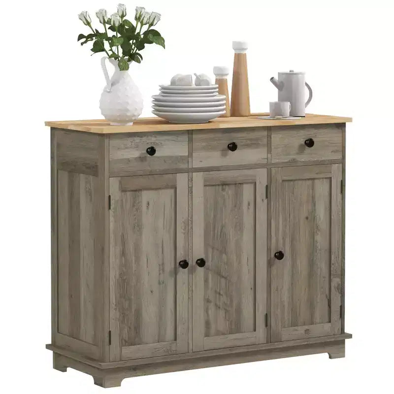 Credenza Okak con piano in legno massello, Mobile contenitore con ripiano regolabile, Mobile bar per ingresso, soggiorno, cucina, Grigio