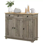 Credenza Okak con piano in legno massello, Mobile contenitore con ripiano regolabile, Mobile bar per ingresso, soggiorno, cucina, Grigio