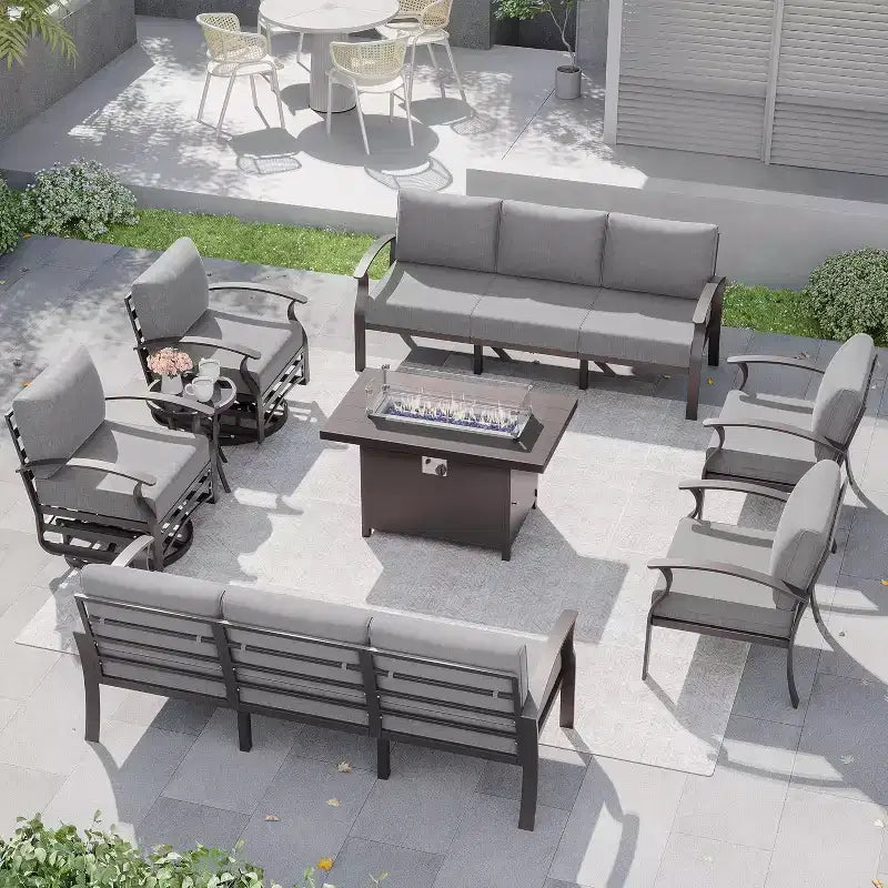 ALAULM Ensemble de Meubles de Patio en Aluminium 10 Places Moderne en Métal pour Extérieur avec Table Foyer, Fauteuil Pivotant et Canaapé de Patio avec Coussin de 5,1 pouces