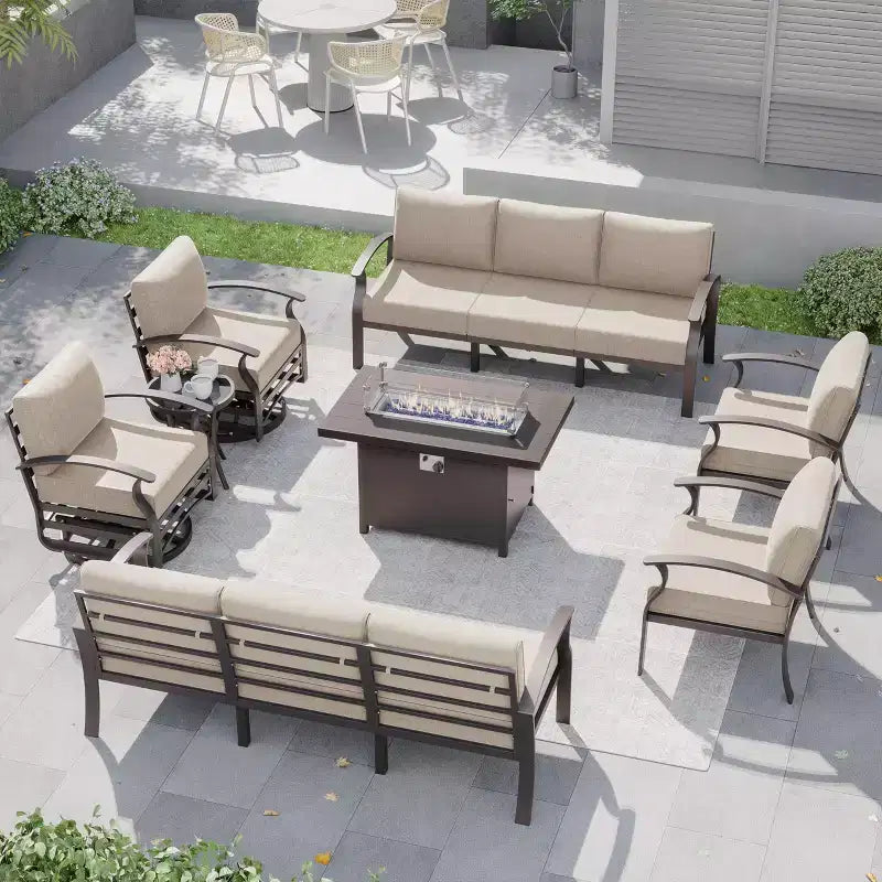 ALAULM Ensemble de Meubles de Patio en Aluminium 10 Places Moderne en Métal pour Extérieur avec Table Foyer, Fauteuil Pivotant et Canaapé de Patio avec Coussin de 5,1 pouces
