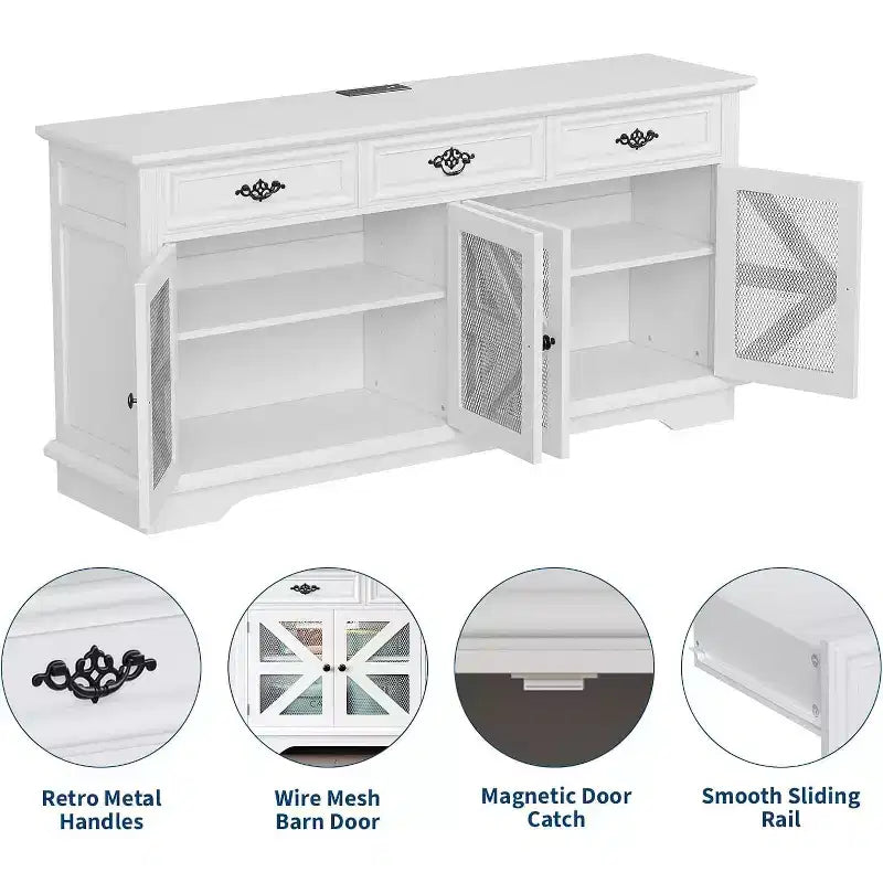COZONY Buffet 63 po avec 3 tiroirs, étagères réglables, station de charge et 4 portes coulissantes grillagées, meuble de rangement pour bar à café dans la salle à manger ou le salon