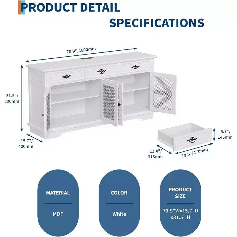 COZONY Buffet 63 po avec 3 tiroirs, étagères réglables, station de charge et 4 portes coulissantes grillagées, meuble de rangement pour bar à café dans la salle à manger ou le salon