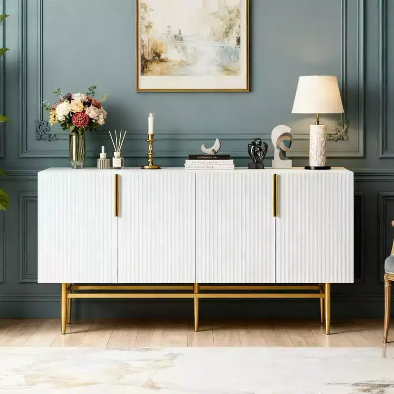 Hostack 4-Door Sideboard Cabinet with Gold Metal Handles and Elegant Storage for Dining and Living Room, White