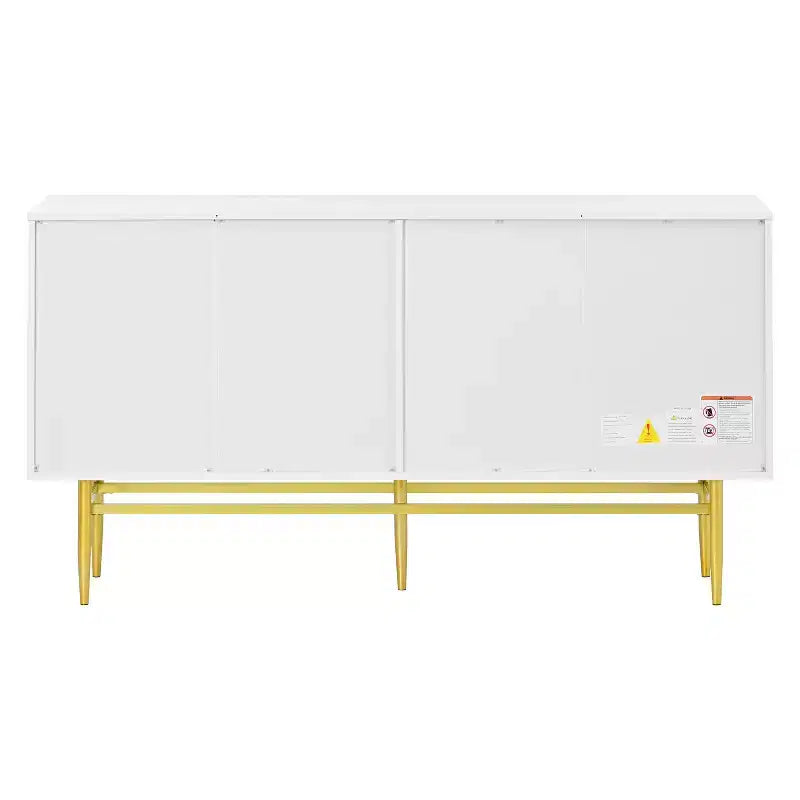 Buffet 4 portes Hostack avec poignées en métal doré et rangement élégant pour salle à manger et salon, blanc