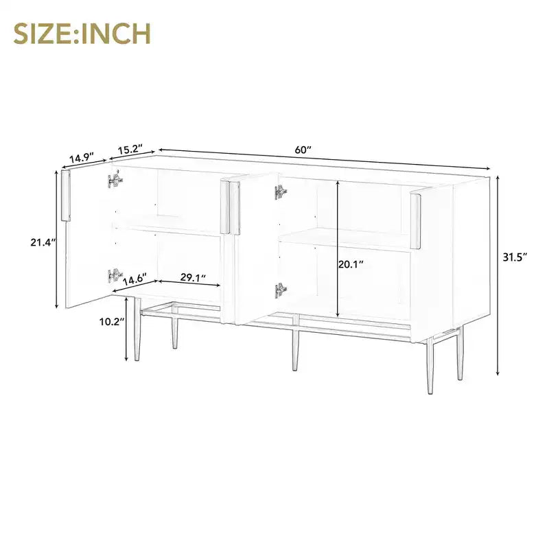 Buffet 4 portes Hostack avec poignées en métal doré et rangement élégant pour salle à manger et salon, blanc