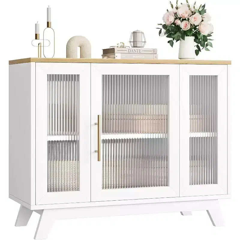 COZONY 36 Credenza a Buffet con Anta in Vetro Scanalato, Ripiano Regolabile, Mobile Contenitore Moderno per Caffè per Cucina Sala da Pranzo