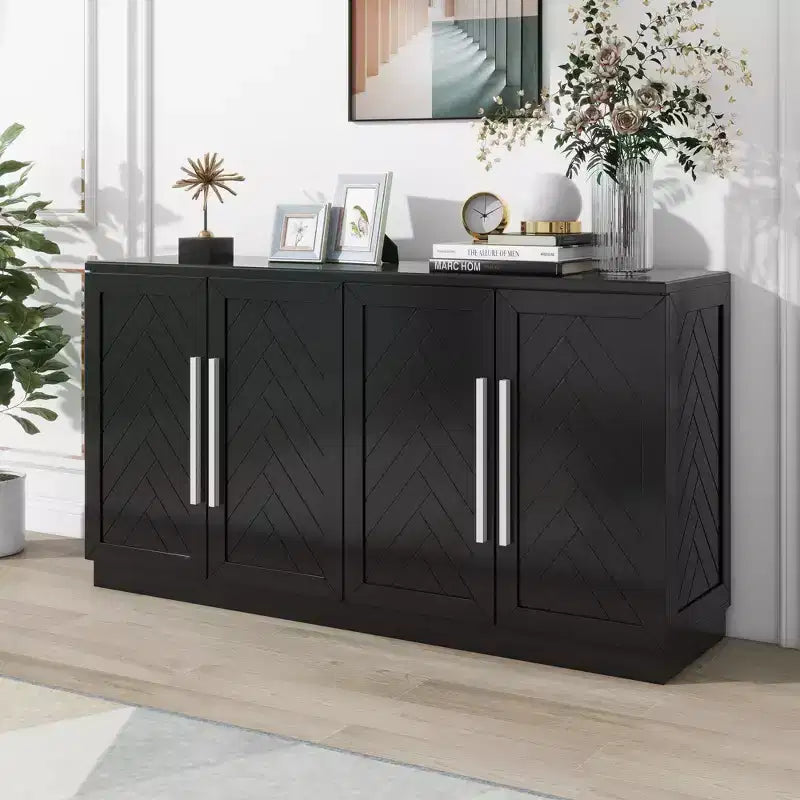 Modern Sideboard Buffet Cabinet with Adjustable Shelves and Silver Handles for Kitchen, Dining Room, or Living Room,Black