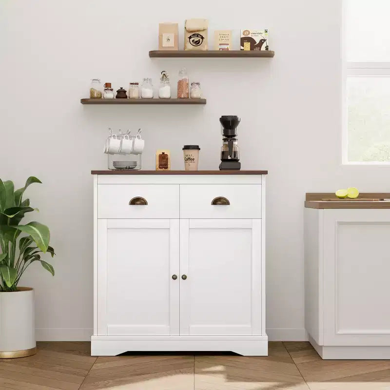 COZONY Mobile Bar Modern Farmhouse 80 cm, Credenza da Cucina con 2 Cassetti, Armadietto a Doppia Anta con Ripiano Regolabile