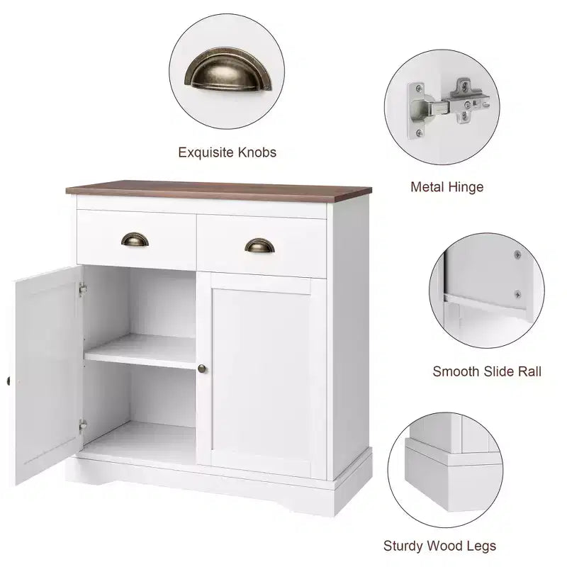 COZONY Mobile Bar Modern Farmhouse 80 cm, Credenza da Cucina con 2 Cassetti, Armadietto a Doppia Anta con Ripiano Regolabile
