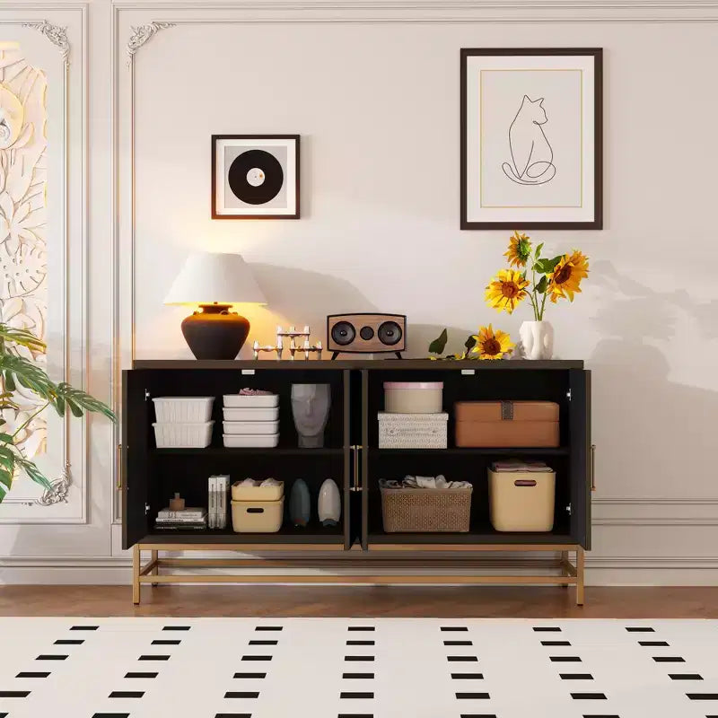 Mobile credenza Okak con maniglie in metallo, buffet con 4 ante e ripiani regolabili, mobile per cucina, soggiorno, sala da pranzo