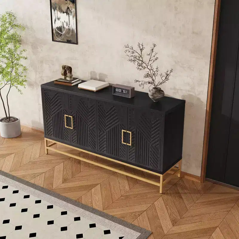Meuble Buffet Okak avec Poignées Métalliques, Buffet de Rangement avec 4 Portes et Étagères Réglables, Armoire pour Cuisine, Salon, Salle à Manger