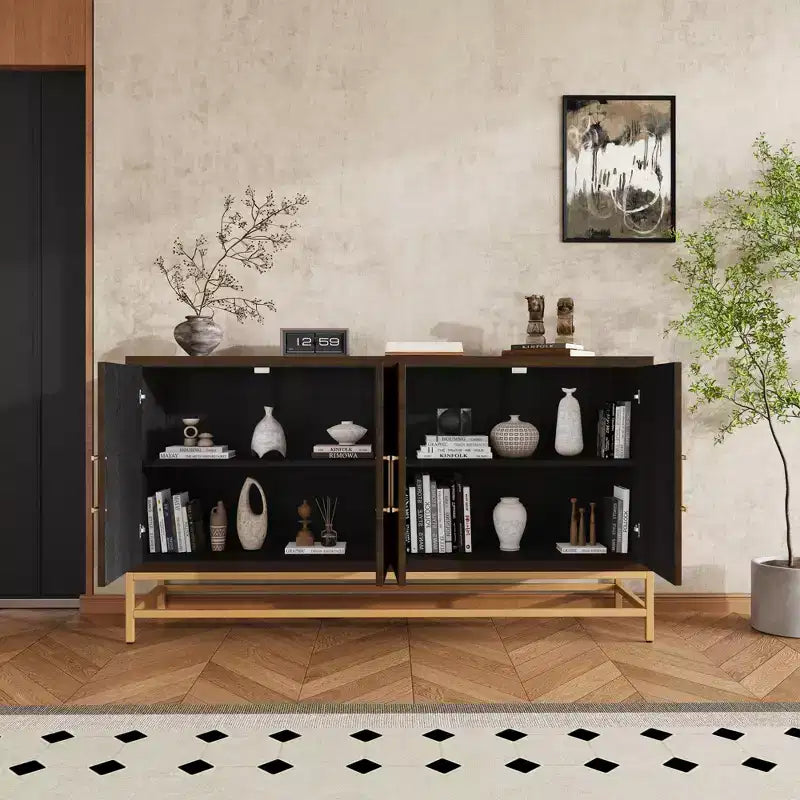 Meuble Buffet Okak avec Poignées Métalliques, Buffet de Rangement avec 4 Portes et Étagères Réglables, Armoire pour Cuisine, Salon, Salle à Manger