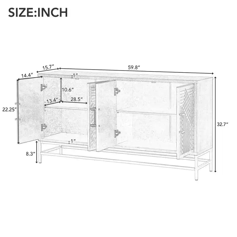 Mobile credenza Okak con maniglie in metallo, buffet con 4 ante e ripiani regolabili, mobile per cucina, soggiorno, sala da pranzo
