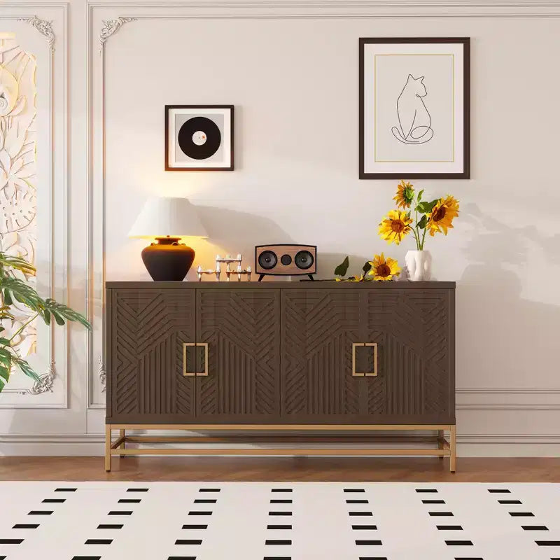 Meuble Buffet Okak avec Poignées Métalliques, Buffet de Rangement avec 4 Portes et Étagères Réglables, Armoire pour Cuisine, Salon, Salle à Manger